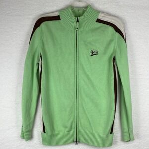 Gant Mens Full Zip Knit Sweater Large Mint Green Striped Made in Italy Mock Neck